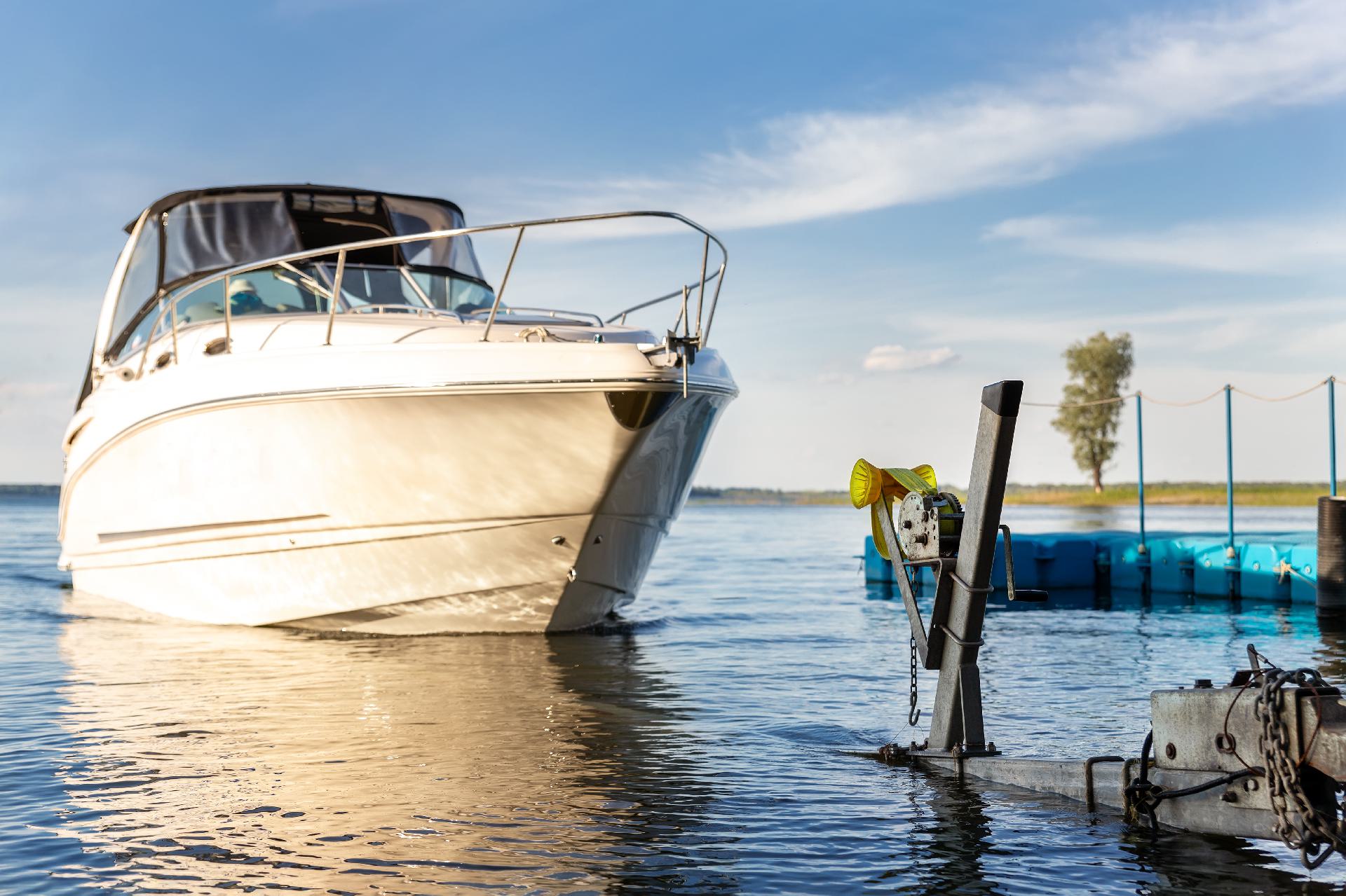 A sleek motorboat speeding through the water.